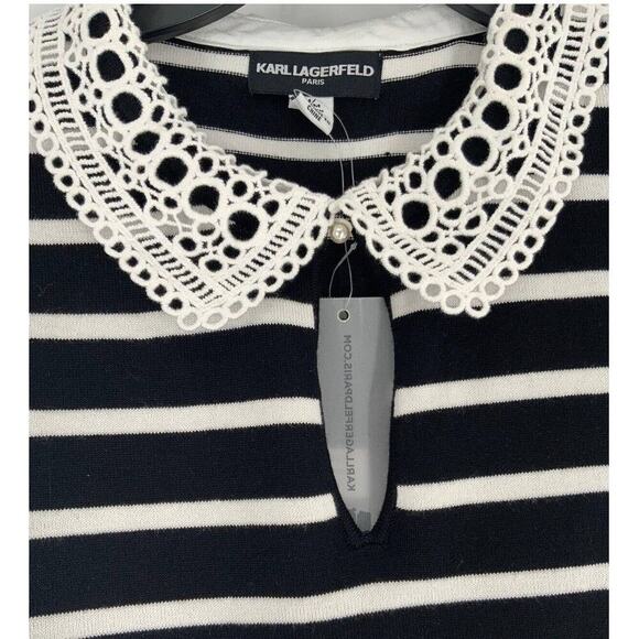 Karl Lagerfeld Top Womens Medium Striped Sweater Lace Neck Ruffle Sleeve Keyhole - Picture 8 of 12